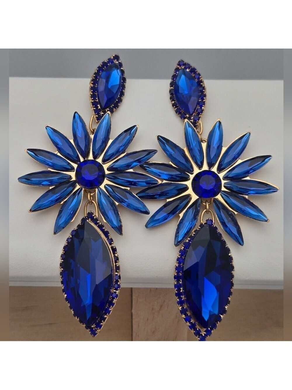 Royal Blue Crystal Flower Statement Earrings 3" Sparkly Gold Tone Party